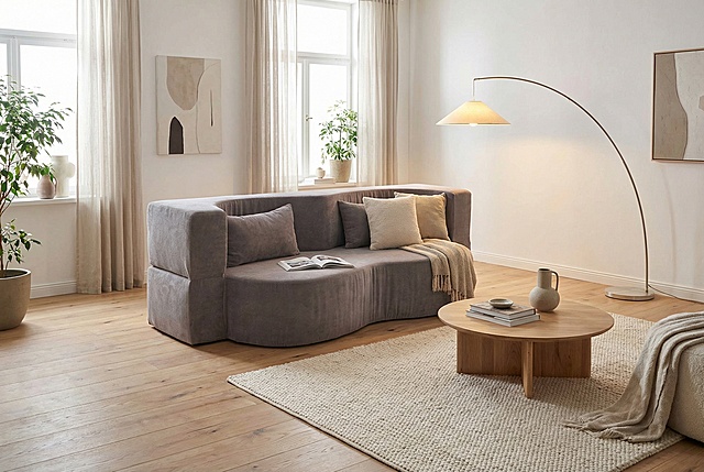 将图中的灰色弧形沙发放置在现代简约风格的客厅场景中，客厅有浅色地板、简约茶几、落地灯，整体氛围温馨舒适