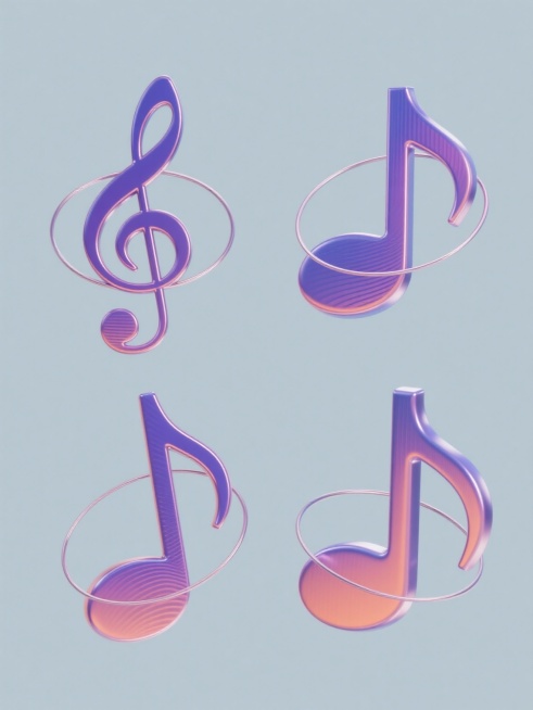4个规整排布的音乐符号素材，保持3D渐变金属质感风格，每个符号具有独特造型，主色调为蓝紫渐变融合粉橙色调，表面呈现细腻拉丝纹理，高光与阴影过渡自然，搭配环绕的细线装饰，整体造型简约现代，置于纯色背景上，无任何文字、logo及水印。预览效果