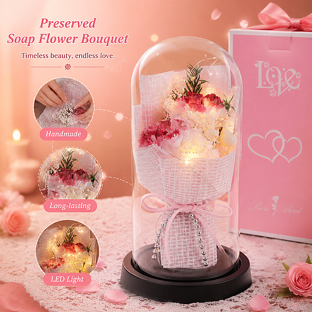 产品特点图，展示这款永生香皂花花束的核心特点，保留原图产品不变，切片设计背景，英文特点文字"Handmade, Long-lasting, LED Light"突出，展示玻璃罩、包装蝴蝶结和珍珠装饰，温馨浪漫风格，非白底背景，单张产品展示，尺寸800X800