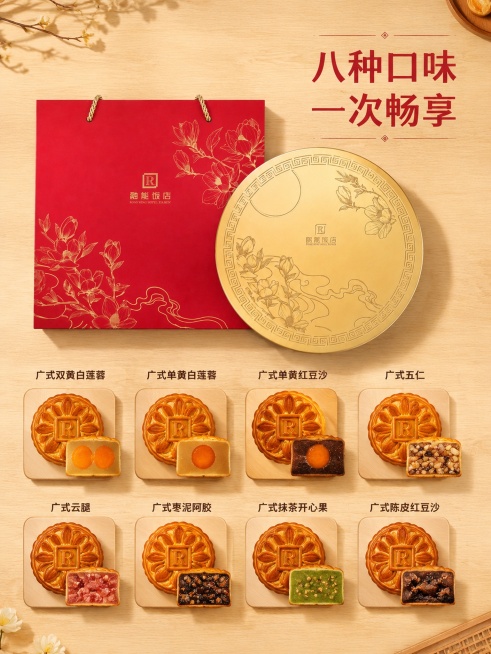 [主图-2] 八款口味全家福展示核心亮点。
[氛围风格] 整洁大气 清晰明了 国风展示风格
[画质] 商业美食摄影质感 光线通透 细节清晰
[元素] 原包装红金礼盒摆放在画面上侧，下侧整齐排列八款不同预览效果