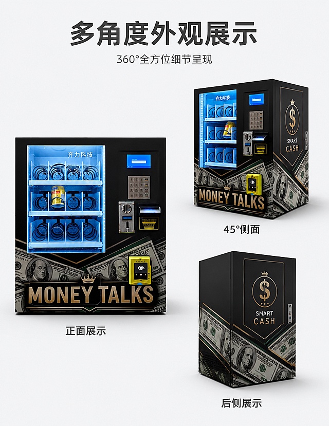 [第2屏] 产品多角度外观展示-出口台式售货机全貌展示。本屏使用【图1】【图2】作为不同角度产品主体。
[氛围/风格] 简约商务风，浅灰色干净背景，专业产品展示感。
[元素布局] 画面展示售货机三个角度：左侧正面大图、右上45度斜侧图、右后侧视图，三个角度错落排布。保持每款售货机外观（物理结构、材质质感、颜色）与输入产品图一致，杜绝变形和色差。正面图占比约45%，另外两个角度各占约25%。背景为纯净浅灰色#F5F6F8，底部有微弱投影。
[光影质感] 统一左上方柔光照明，每个角度的产品都有清晰的光影和质感，金属和玻璃表面有自然高光，底部有柔和投影，整体光线均匀明亮。
[配色色系] 全局底色#F5F6F8浅灰；主色深灰文字；辅助色科技蓝点缀。
[视角构图] 组合式构图，正面大图在左，两个小角度图在右侧上下排列，阅读动线从上到下，画面满版无边框。
[文字版式] 顶部居中大标题"多角度外观展示"，深灰色粗体无衬线大字；下方有"360°全方位细节呈现"浅灰色副标题。每个角度图下方有对应标注："正面展示"、"45°侧面"、"后侧展示"，深灰色中号字。整体排版整洁有序。
[比例分辨率] 宽度750px，竖版比例约1:1.3，4K分辨率，文字清晰可辨，高清画质。
[负向提示词] 变形，水印，文字错乱，文字过小，缺件错件，结构错误，颜色偏差，产品图模糊，背景杂乱。