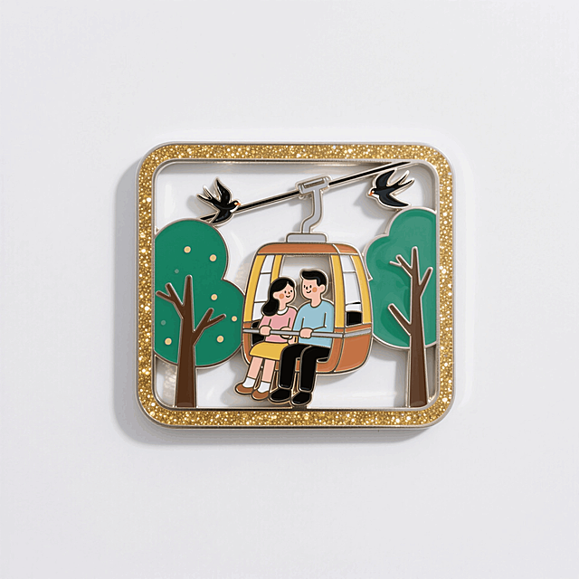 金属冰箱贴，一对情侣坐在缆车里，树木、飞鸟装饰，边框带有金色亮片