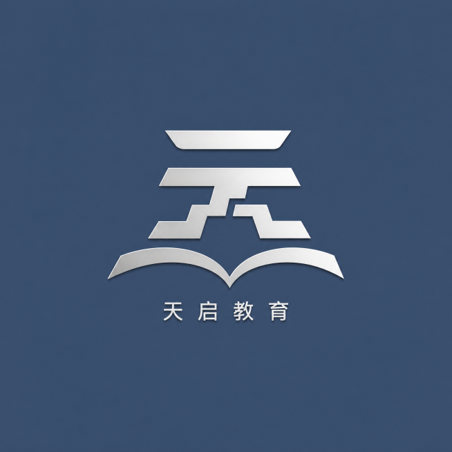 质感"天启教育"LOGO设计，图形为抽象"天"字，融合向上阶梯与书本轮廓，哑光银白搭配雾霾蓝配色，干净纯色背景，无多余装饰，高级感拉满，适配教育机构，简约大气，适合各种尺寸使用预览效果