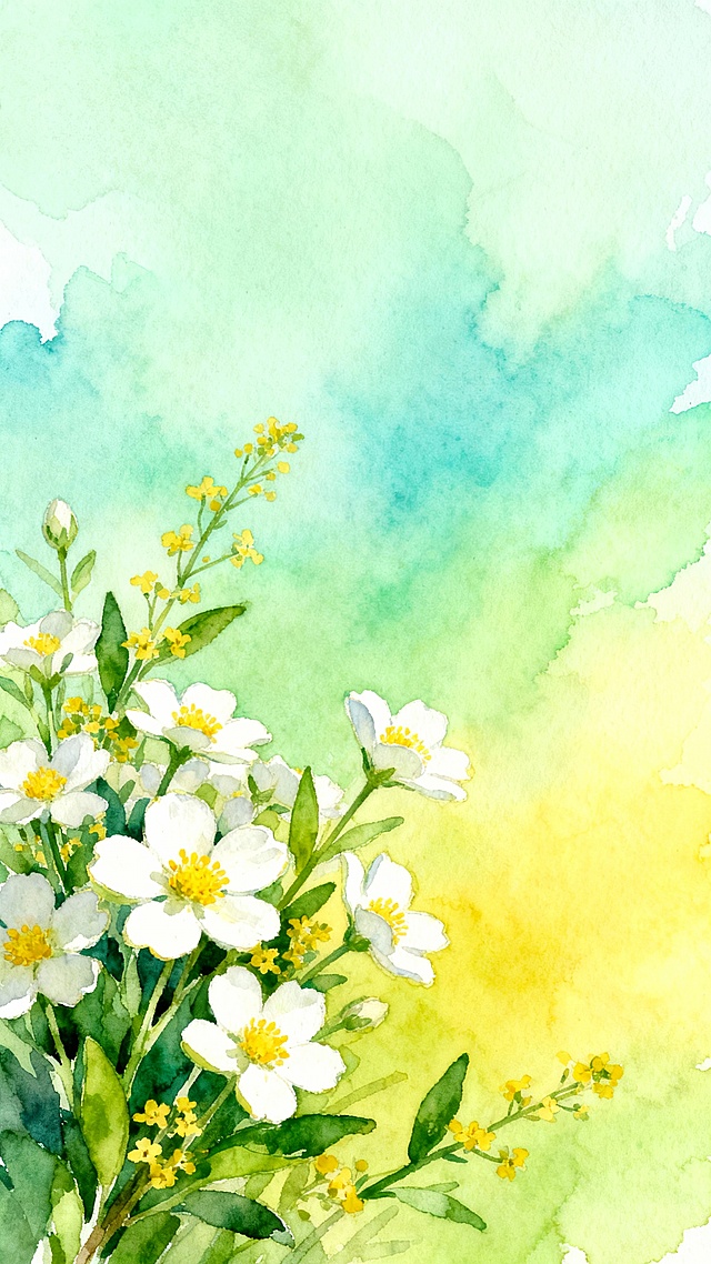 清新淡雅的水彩风格花卉插画，画面以柔和的浅绿色和淡黄色为渐变背景，营造出明亮通透的春日氛围。左下角以自然生长的姿态簇拥着大量白色五瓣小花，花瓣边缘略带细腻笔触，花蕊呈黄色点缀其间，穿插着鲜嫩的绿色叶片和细小的黄色碎花。整体构图采用不对称平衡，花卉主体集中于画面下部，向上逐渐稀疏，背景色彩由下至上从浓郁的黄绿色渐变为轻盈的蓝绿色，笔触柔和晕染，富有层次感和空气感，呈现出宁静自然、生机盎然的视觉效果。