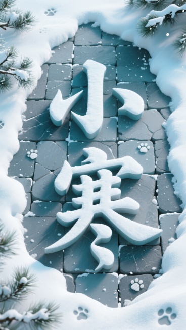 俯视视角，青灰石板拼接地表堆 “小寒” 积雪毛笔字（雪质蓬松，露石板纹路，边缘有小爪印），点缀几支带雪的松针，配色青灰 + 雪白，冷冽中显冬日生机。预览效果