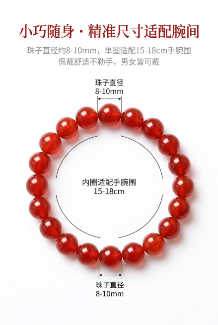 电商详情页产品尺寸数据可视化展示屏，严格还原上传的红玛瑙手链产品图所有细节，产品比例1:1视觉协调。中心为手链全景，叠加尺寸标注线，标注珠子直径8-10mm、单圈适配手腕围15-18cm，背景为白色，预览效果