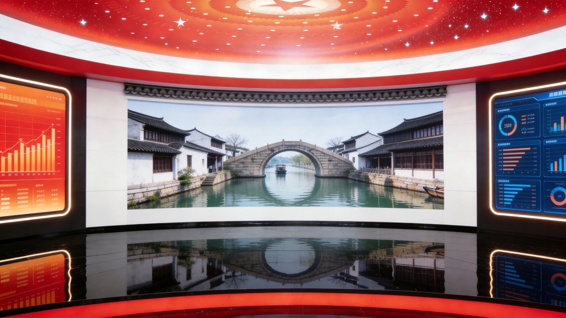 保持图片1中吊顶、中间墙壁、下面地板的整个分布结构不变，将图片1的中间墙壁和下面地板部分换成图片2中的样子，去掉图片2中的人物，保留水乡背景和两侧数据大屏以及黑色反光地板，保留红色吊顶和五角星设计预览效果