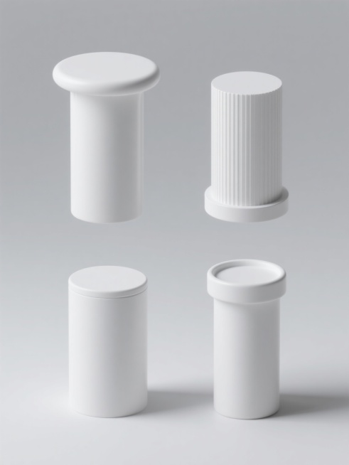纯白色纯色背景，系列素材集合，四个完全不同造型的圆柱元素内容，规整排布，每个圆柱保持3D渲染风格，光滑的白色塑料材质，柔和均匀的高光，轻微的阴影投射，整体呈现简洁、现代、干净的设计感，圆柱元素可在顶部形状、侧面纹理、高度比例或附加小结构上进行差异化设计，确保四个圆柱既统一于整体风格又各具独特造型。预览效果