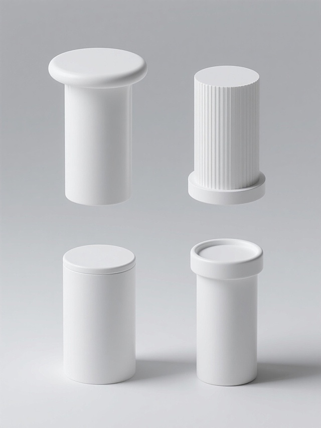 纯白色纯色背景，系列素材集合，四个完全不同造型的圆柱元素内容，规整排布，每个圆柱保持3D渲染风格，光滑的白色塑料材质，柔和均匀的高光，轻微的阴影投射，整体呈现简洁、现代、干净的设计感，圆柱元素可在顶部形状、侧面纹理、高度比例或附加小结构上进行差异化设计，确保四个圆柱既统一于整体风格又各具独特造型。