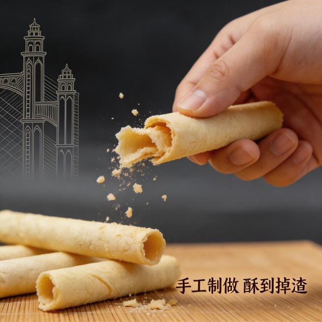 [主图 7] 酥脆掉渣动态展示主图，怀旧复古风格。氛围风格：动态诱人食欲，怀旧复古做旧质感，角落装饰开平碉楼淡线稿。画质：商业摄影质感、光线柔和通透、产品清晰真实、画面干净高级。元素：手掰开一根蛋卷，预览效果