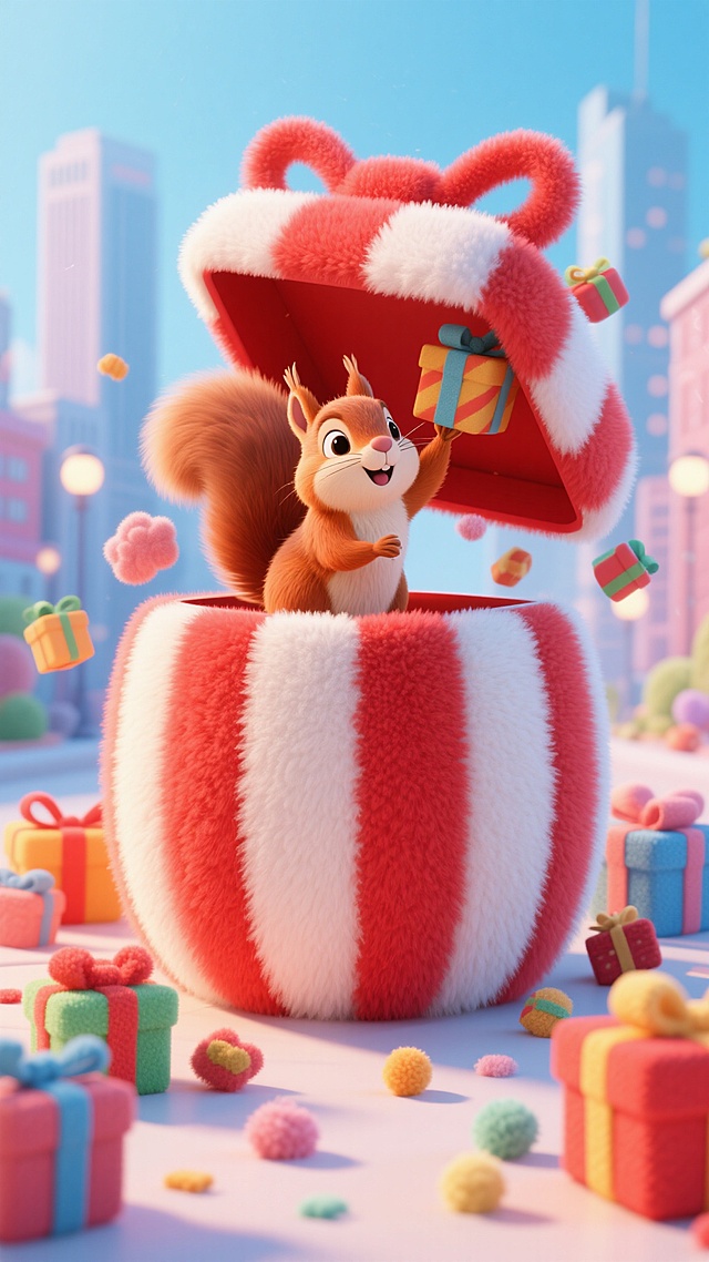 软3D风格的圣诞场景，毛发生长风小松鼠从巨型礼物盒中探出，充满可爱与梦幻感，搭配粘土质感礼盒，营造喜庆卡通氛围。