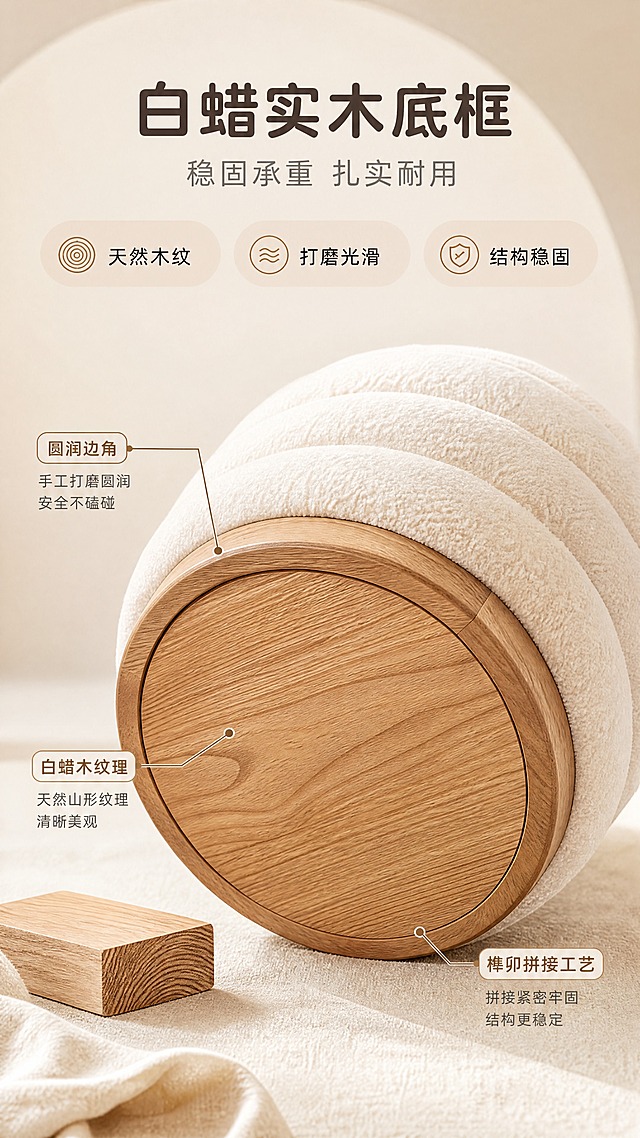 [商品] 使用【图1】B2516三层圆凳；保留三层圆润堆叠结构、米白色羊羔绒面料、白蜡实木棕色底框；重点展示底部白蜡实木底框的木纹质感和做工细节，不改变产品颜色和结构。
[画面] 目标：白蜡实木底框工艺展示，突出稳固承重与品质感。下特写上文构图，底部约2/3为底框微距特写，顶部约1/3为文案区；圆凳略微倾斜角度，清晰展示底部实木框的木纹纹理、拼接工艺和圆润边角；旁边放置一小块白蜡木样本作为材质呼应；光线侧打突出木纹立体感。产品底部占画面约50%。
[视觉] 套系策略：风格=奶油风治愈系家居商业摄影；标题字=现代圆润无衬线粗体；正文字=简洁无衬线体；主色=奶白米杏；背景延展=基于奶白米杏做深浅层级、同色渐变和细腻织物/哑光墙面质感；强调色=焦糖棕，仅用于小面积图标、引线和标签；标题色=深暖棕；正文色=中暖灰；组件=圆角浅底信息卡、细线引线、胶囊形卖点框；光影=左前侧暖柔光，柔和漫射，阴影浅淡。
[文字] 顶部文案区：主标题"白蜡实木底框"（6字），副标题"稳固承重 扎实耐用"（8字），下方3个卖点：「天然木纹」「打磨光滑」「结构稳固」。画面中用细线引线标注底框细节。文字均为横排。
[规格] 图片比例9:16竖版，4K，负向提示：避免变形、错字、文字过小、冷蓝/蓝灰背景、木纹质感失真、绝对化用语、平台Logo水印。