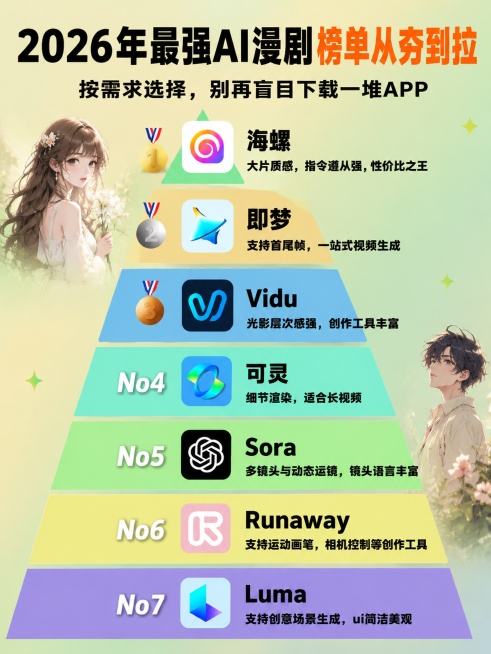 「图片1」请参考我发你的图片结构和风格，生成一张小红书图文封面。
主题是：《2026年最强AI漫剧榜单从夯到拉》
整体风格参考原图即可：简约、高级、干净清爽，信息分区清楚，像小红书工具清单类封面。
排预览效果