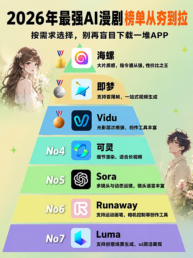 「图片1」请参考我发你的图片结构和风格，生成一张小红书图文封面。
主题是：《2026年最强AI漫剧榜单从夯到拉》
整体风格参考原图即可：简约、高级、干净清爽，信息分区清楚，像小红书工具清单类封面。
排版不需要和原图一模一样，只要整体风格、信息层级和清单感相似即可。
封面主标题：
2026年最强AI漫剧榜单从夯到拉
副标题：
按需求选择，别再盲目下载一堆APP
分区内容如下：
1
海螺
大片质感，指令遵从强，性价比之王
即梦
2
支持首尾帧，一站式视频生成
3 V Vidu
光影层次感强，创作工具丰富
No4
可灵
细节渲染，适合长视频
No5
Sora
多镜头与动态运镜，镜头语言丰富
Νо6 R Runaway
支持运动画笔，相机控制等创作工具
No7
Luma
支持创意场景生成，ui简洁美观小红书
注意：
图标尽量使用对应 APP 的图标，不要随便生成不相关图标。
中文字体要清晰、端正、易读，适合手机端一眼看清。
可以出现AI漫剧的人物来介绍这些软件，但是位置不要太大
整体做成竖版小红书图文封面，比例 3:4。