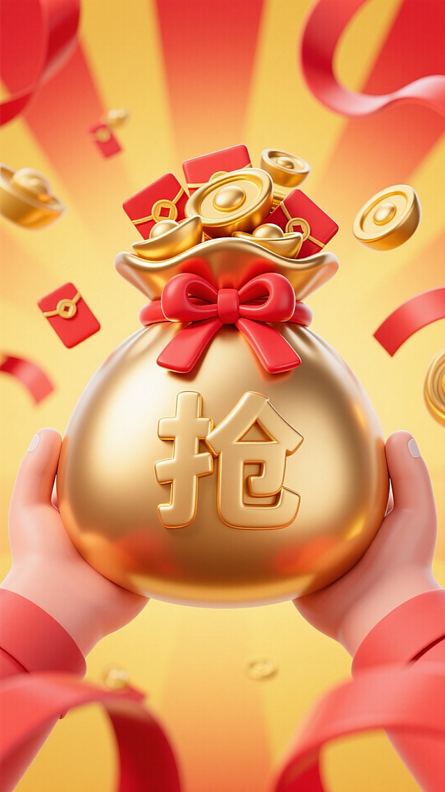 双手托举的金色立体福袋（缀有 “抢” 字红绸结），福袋内满装堆叠的元宝、红包，周边缠绕印着 “年终大促” 的红色彩带，背景为金黄与赤红交织的放射状渐变，营造热烈紧迫的抢购氛围