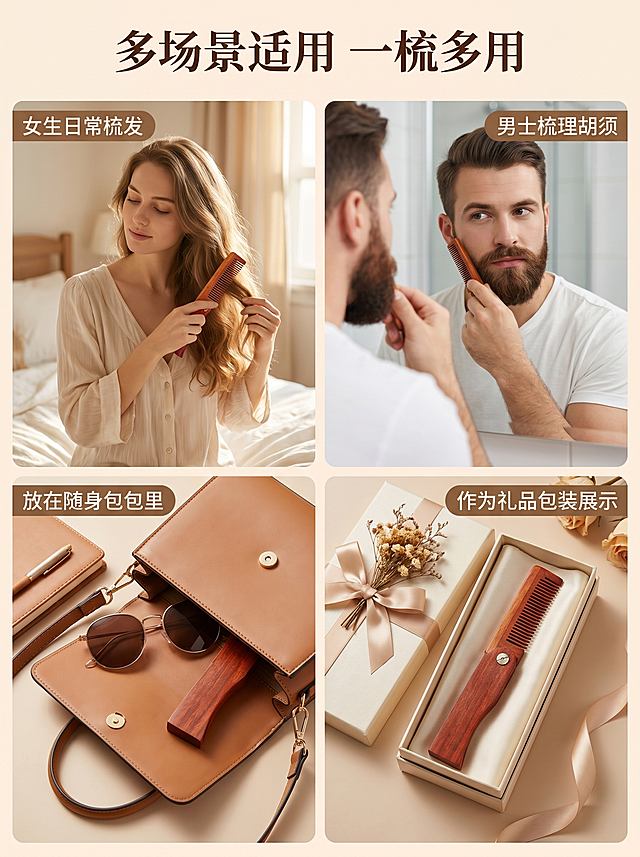 使用电商主图技能生成10张比例3:4的电商主图，适配平台为淘宝/天猫，商品为「图片1」「图片1」「图片1」，商品卖点为一、产品核心卖点   ✅ 天然红檀木材质：选用优质红檀实木，纹理细腻，温润有质感，无化学涂层，天然养发不伤头皮，长期使用防静电、减少毛躁，养发更护发。   ✅ 折叠便携设计：创新折叠结构，一键开合，展开可用，收起仅巴掌大小，轻松放进包包、口袋，旅行、出差、日常通勤都能随身带，随时随地打理发型。   ✅ 圆润梳齿不伤发：梳齿经过精细打磨，边缘圆润光滑，不刮头皮、不扯头发，顺发不卡发，同时也可作为男士胡须造型梳，一梳多用。   ✅ 金属转轴耐用稳定：采用加固金属转轴，开合顺滑不卡顿，反复折叠不易松动，使用寿命更长，细节做工扎实，工厂直供品质有保障。   ✅ 多场景适用：女生日常顺发、男士胡须造型、旅行便携、礼品定制都适配，可印logo做企业伴手礼、活动礼品，支持批量定制。       二、产品实拍细节   （搭配三张图片使用）   - 【展开状态】梳齿均匀排列，齿距适中，梳发时受力均匀，减少拉扯感，天然红檀木纹理清晰可见，质感高级。  - 【平放状态】整体线条流畅，握柄贴合手型，握持舒适，梳身光滑无毛刺，打磨工艺精细。  - 【折叠状态】折叠后小巧紧凑，不占空间，转轴设计稳固，闭合紧密，方便收纳携带。       三、产品参数   表格     项目 详情  材质 天然红檀木+金属转轴  展开尺寸 约18.5cm（长）×3.4cm（宽）  折叠尺寸 约10cm（长）×3.4cm（宽）  适用人群 通用（男女皆可）  定制服务 支持刻字/印logo/礼盒定制  起订量 支持小额批发/批量定制，详询客服        四、使用与保养说明   1. 避免长时间浸泡在水中，遇水后及时擦干，置于通风处存放，防止木材受潮变形。  2. 定期用软布擦拭梳身，保持清洁，避免接触强酸强碱类物质，延长使用寿命。  3. 梳齿为天然木材，避免用力摔打、磕碰，防止梳齿断裂。       五、工厂优势   源头工厂直供，无中间商赚差价，支持现货批发与来样定制，可提供OEM/ODM服务，批量订单可加急生产，品质稳定，交期准时，欢迎广大客户咨询合作。，其他要求为