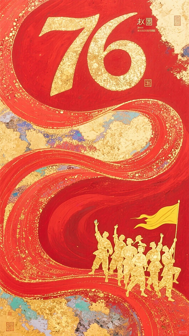 国潮风与岩彩风交融，鎏金剪影展现76周年庆典的热血与励志，红色波浪象征奋进征程，喜庆中透出浓厚民族感与政务庄严。