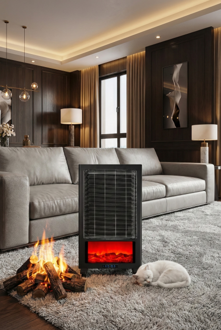 将暖风机放置于深色系客厅中，放在浅灰色沙发前，沙发是正面角度，暖风机旁边有一只可爱的白色猫咪在睡觉，暖风机旁还有一堆仿真火焰在燃烧，客厅背景高端大气，客厅灯光温馨温暖，沙发是超长高级的牛皮质感，地毯颜预览效果