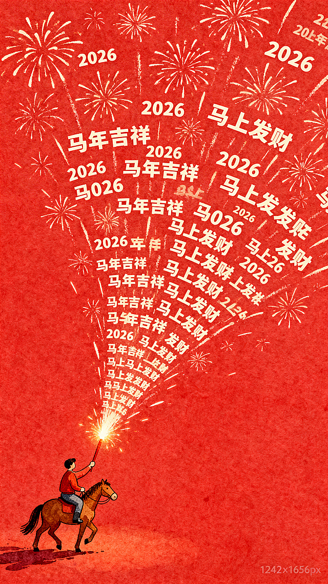 插画风国潮设计，红底烟花绽放，骑马人物手持礼花喷射“2026马年吉祥”字样，喜庆感十足，印刷质感强化节日氛围。