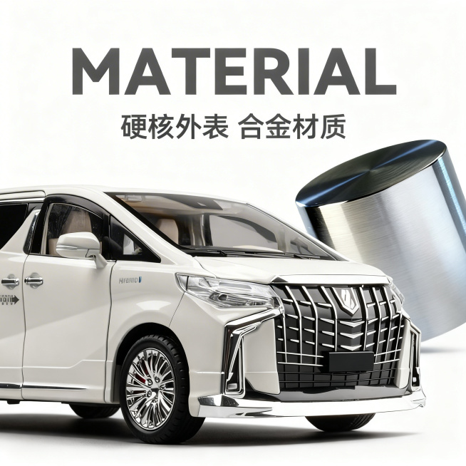 保持原有文字"MATERIAL" "硬核外表 合金材质"和主体白色埃尔法汽车模型、金属圆柱不变，换成全新的极简摄影风格预览效果