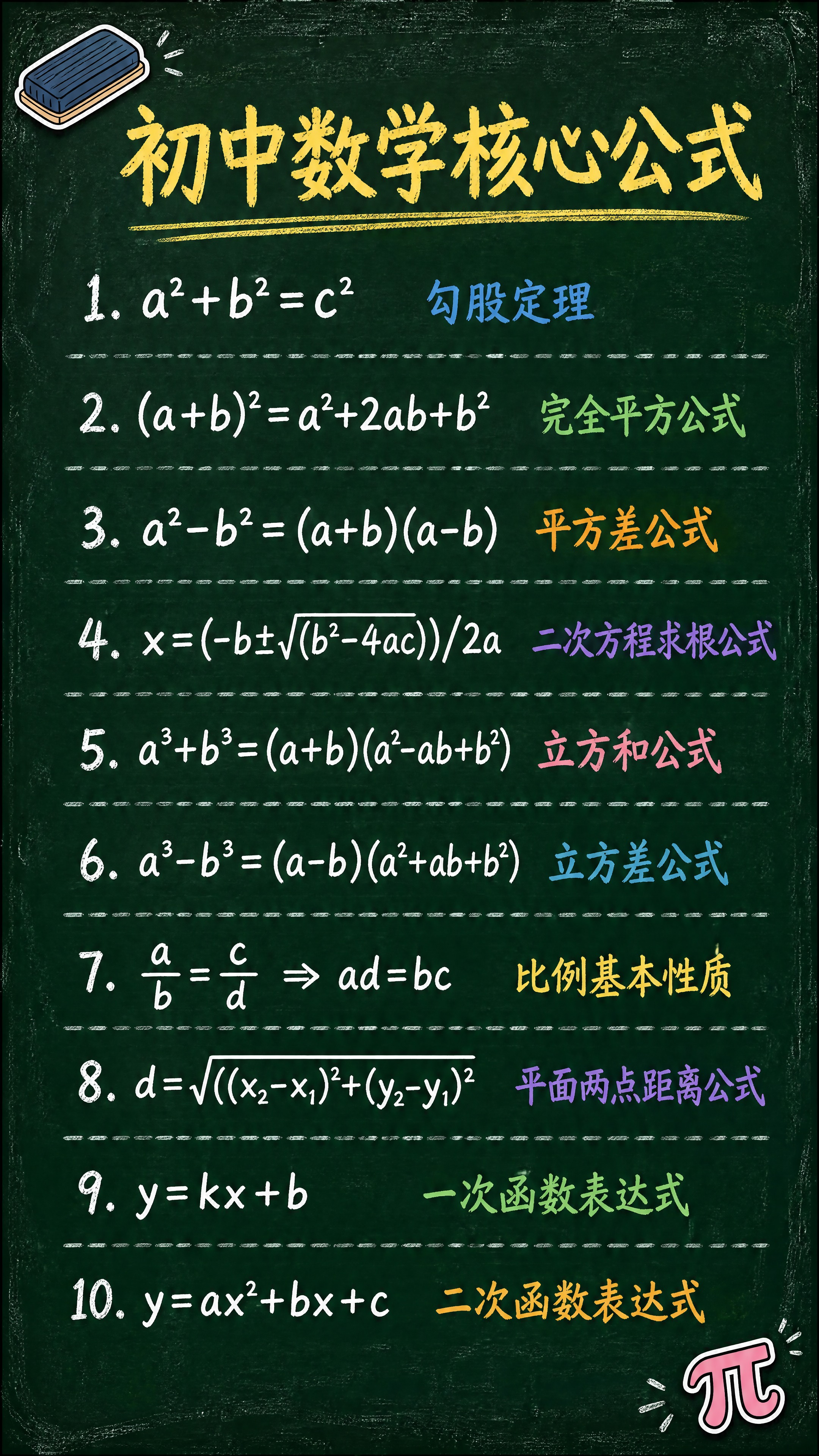 抖音9:16竖版图文，初中数学核心公式干货图，深色黑板学习风，… - 图片创意预览