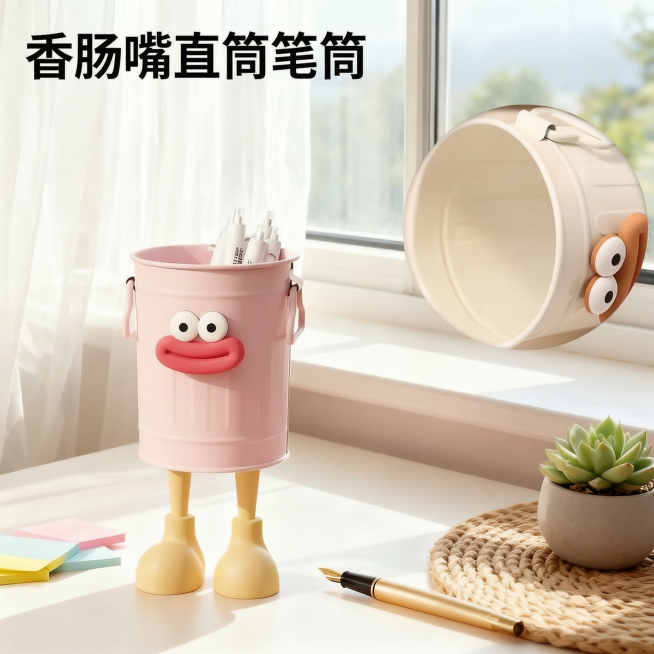 将图片上的英文全部转换成中文，字体、排版和颜色均保持不变，Sausage-Lips Straight-Tube Pen Holder译为香肠嘴直筒笔筒预览效果