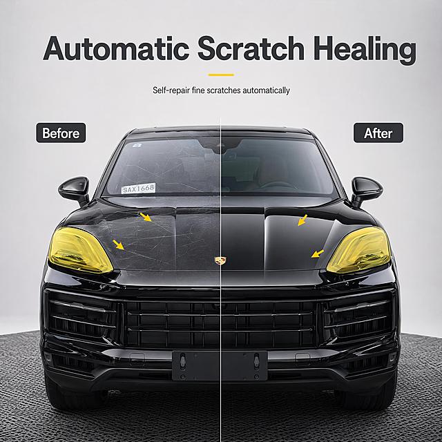 [主图-3] Automatic scratch healing function卖点展示图。
[氛围风格] 功能清晰 专业对比 直观可信
[画质] 商业摄影质感，细节清晰，对比效果明确
[元素] 采用左右对比构图，左侧展示漆面划痕状态，右侧展示修复后光亮如新效果，使用黑色保时捷车头作为展示主体，保持汽车外观和颜色与输入图片一致，产品一致性精准还原，精细化处理无变形色差。整体为浅灰低饱和渐变背景，左右对比分区清晰，不破坏整体统一风格。主体汽车占画面75%左右
[光影] 均匀柔光，左右光影一致，清晰展示划痕与修复后的亮度差异
[配色] 浅灰背景，黑色汽车，用黄色箭头标记对比区域，文字深灰对比清晰
[视角构图] 正面平视，左右对称对比构图，聚焦车头漆面区域
[文字版式] 顶部大标题 "Automatic Scratch Healing"，左右分区域标注 "Before" 和 "After"，下方小字说明 "Self-repair fine scratches automatically"，全部文字使用英文，排版清晰不遮挡对比区域
[输出要求] 1:1比例，2048*2048像素，文字清晰可辨，超高清商业摄影质感
[负向提示词] 变形，文字错乱，背景杂乱，水印，中文，夸大词汇，遮挡主体，配色不协调