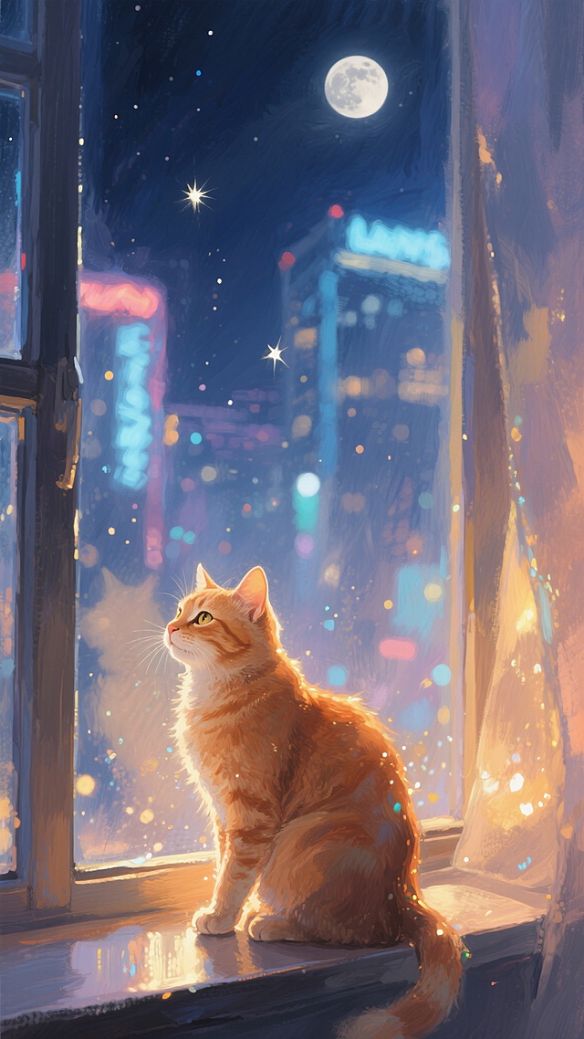 一只优雅的橘猫坐在窗边，窗外是夜晚的城市夜景，有闪烁的霓虹灯和月亮，橘猫眼神望向窗外，画面宁静而美好，色调偏冷但温馨
