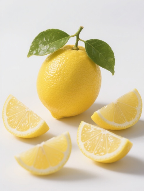 超写实主义风格，一个完整带绿叶的柠檬和三个不同角度的柠檬切片，表面纹理细腻清晰，黄色果皮光泽感强，果肉晶莹剔透，白色脉络分明，光影效果自然，立体感十足，高分辨率，细节丰富，背景为纯白色预览效果