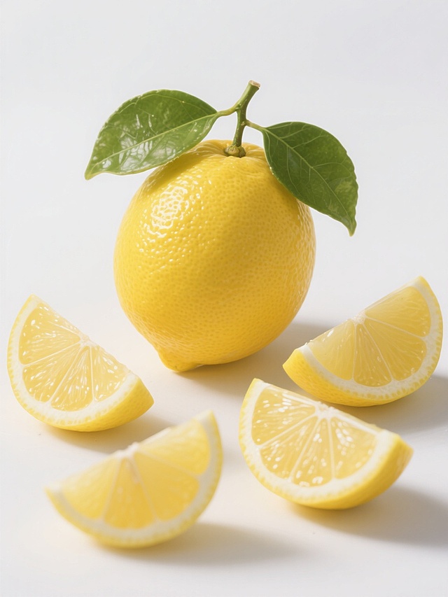 超写实主义风格，一个完整带绿叶的柠檬和三个不同角度的柠檬切片，表面纹理细腻清晰，黄色果皮光泽感强，果肉晶莹剔透，白色脉络分明，光影效果自然，立体感十足，高分辨率，细节丰富，背景为纯白色