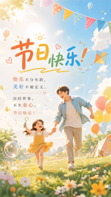 在原图基础上修改，保留所有文案完整不省略，将标题"六一儿童节快乐!"修改为"节日快乐!"，保持整体风格和画面不变，大人和小孩互动玩耍的温馨六一儿童节海报，文案完整包含："快乐不分年龄，美好不被定义。历预览效果