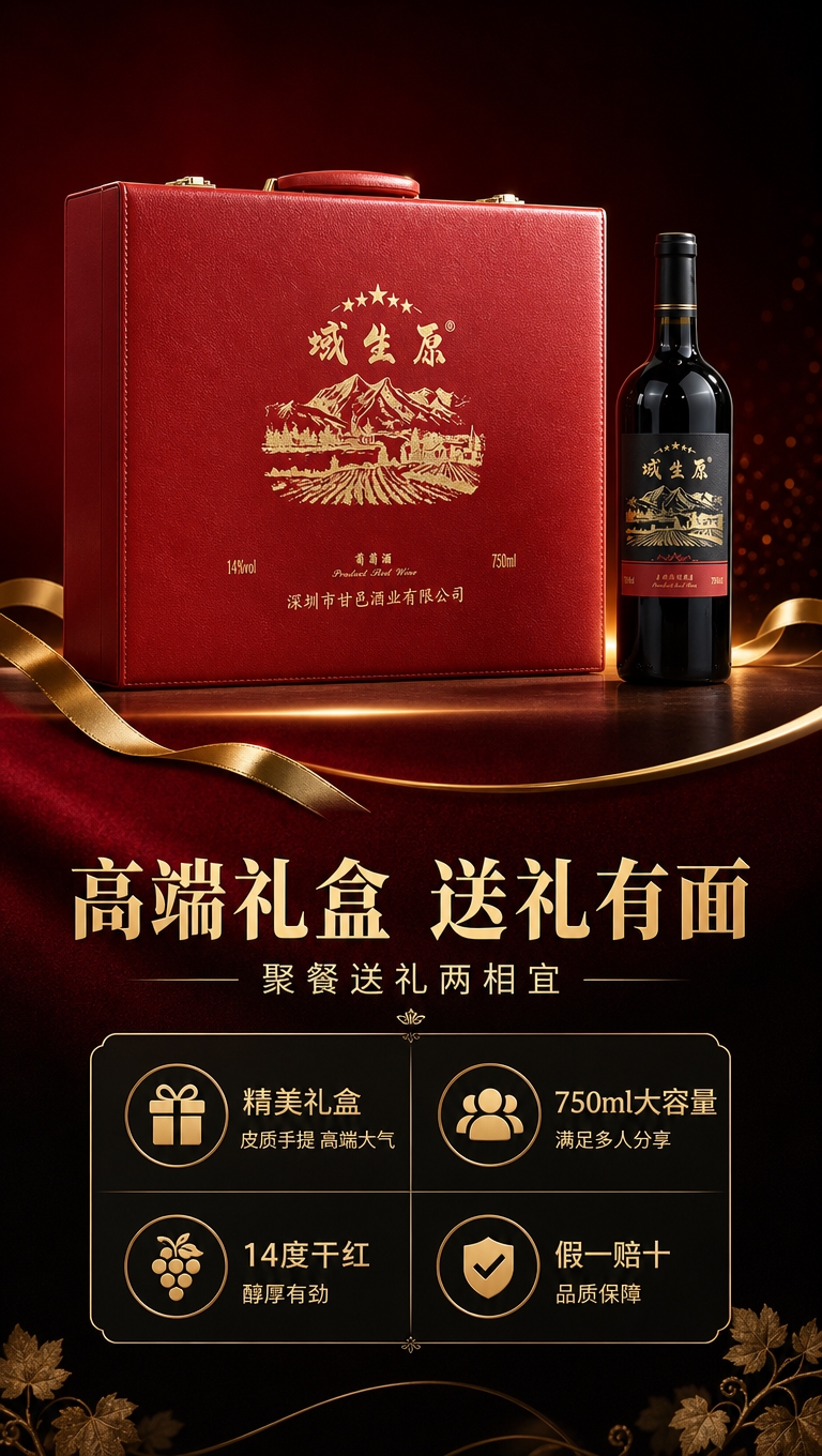 [商品] 使用【图5】域生原红酒红色皮质礼盒+黑标单瓶组合图；… - 图片创意预览