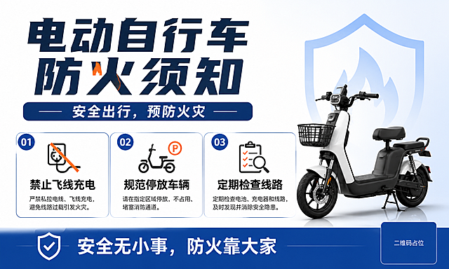 设计一张简约风格的电动自行车防火安全宣传海报，内容简洁不繁琐，不需要放置二维码和地址。主标题是"电动自行车防火须知"，副标题是"安全出行，预防火灾"，三条关键信息分别是"禁止飞线充电"、"规范停放车辆"、"定期检查线路"，装饰文案是"安全无小事，防火靠大家"。整体采用极简留白风格，排版精美，信息分区清晰，编号列表展示要点，不添加多余装饰元素，高对比文字保证可读性，整体正式清爽。画面中所有二维码区域使用纯色方块占位符呈现，方块中央标注"二维码占位"文字，严禁生成任何可识别的二维码图案。画面中所有信息区域必须填充完整合理的内容，不得出现空白框、空白占位。画面所有数字必须精确渲染，不得错位、遗漏或编造。