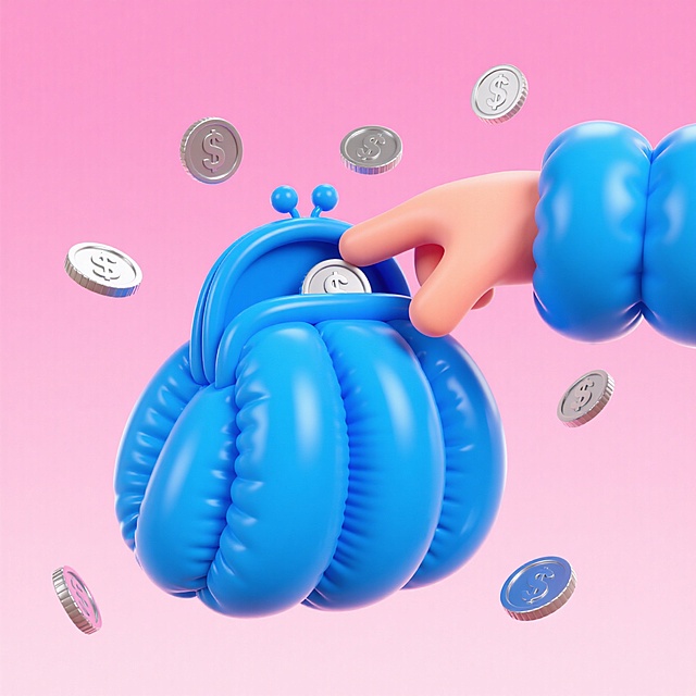 软3D风充气钱包，萌趣手部互动，梦幻粉红背景，金币飞舞，可爱感十足，节日氛围满满。