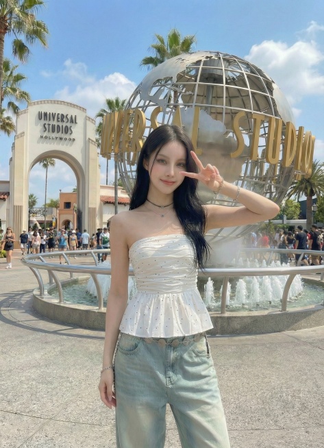 保持模特和服饰不变，背景为环球影城，生成正面抬手比耶的姿势图片预览效果