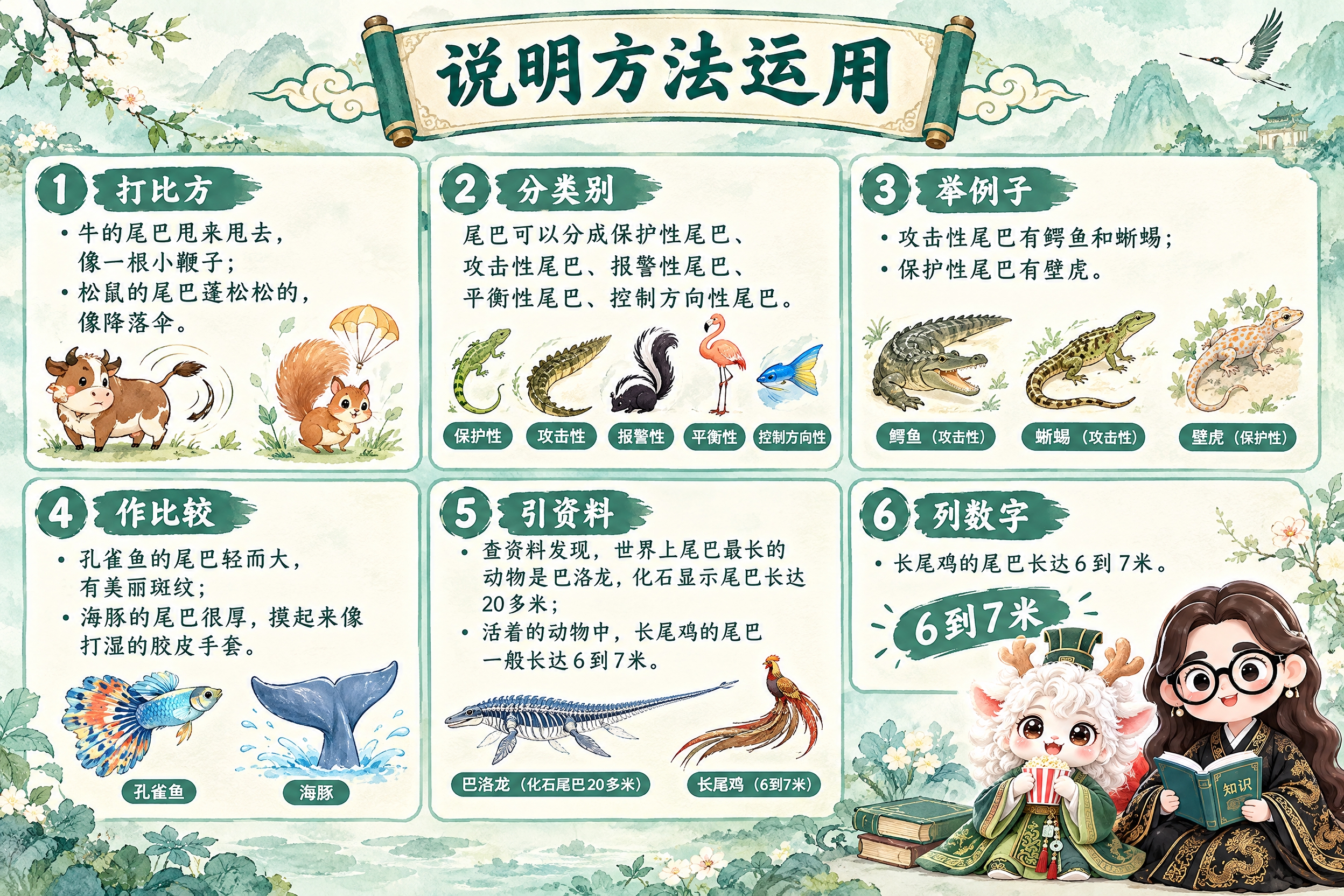 横版6寸比例的知识卡片设计，标题为"说明方法运用"，内容分六点… - 图片创意预览