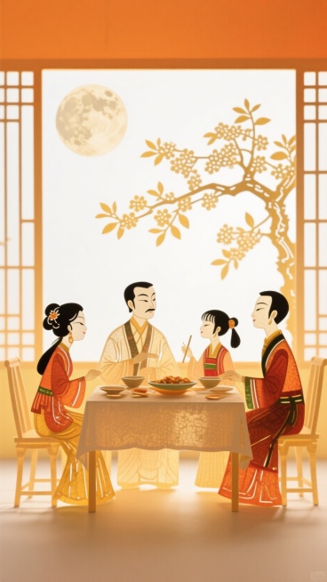 顶部1/2留白。中秋节一家（爸爸、妈妈、哥哥、小妹妹）聚在一起在室内吃饭的场景，窗外巨大的桂花树和一轮圆月，整体清新，橙白撞色，白色背景，明亮的氛围预览效果