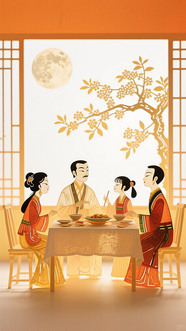 中式古典插画风，温馨家庭月下聚餐，漫画手法展现中秋团圆景象。