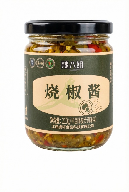 对这款烧椒酱产品进行精修，提升玻璃罐的质感，让标签文字更清晰锐利，酱料部分色泽更鲜亮诱人，整体画面更通透有质感预览效果