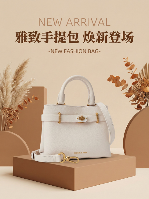 用图二的包生成类似于图一那样的手提包新品海报，尺寸3：4，暖色调风格预览效果