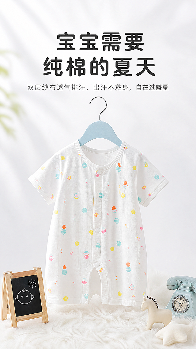 使用商品详情页技能根据商品图「图片1」「图片1」生成详情页，参考图为「图片1」「图片1」，商品名称为婴儿连体衣，卖点为双层透气纱布、全身可爱糖果手绘印花、前开按扣、开裆设计、圆领包边工艺、亲肤透气、夏日防闷汗，适配平台为淘宝/天猫，图片比例为9:16，需求屏数为8张，整体设计风格：清新日系简约风，浅白干净底色，马卡龙糖果配色，柔光写实母婴拍摄，竖版9:16电商详情页<br/><br/>第一屏：产品主视觉首屏<br/><br/>•主文案："宝宝需要纯棉的夏天"<br/>•副文案："双层纱布透气排汗，出汗不黏身，自在过盛夏"<br/>•文案设计与排版：主文案居中放大，字体粗黑；副文案在主文案下方，字体圆润卡通纤细，颜色比主文案浅一度，整体居于页面上半部分<br/>•画面主体与构图：画面中心悬挂这件糖果印花短袖开裆哈衣，浅蓝色衣架悬挂展示，左下角迷你木质小黑板、右下角复古小摆件作为软装点缀，纯白柔光背景，服饰为绝对视觉中心，整体干净治愈<br/>•画质与细节：高清8K分辨率，纱布面料纹理清晰，色彩柔和马卡龙色调，无模糊噪点，光影均匀漫射，商业静物摄影质感<br/><br/>第二屏：上身体验卖点屏<br/><br/>•主文案："软糯亲肤 自在玩耍"<br/>•副文案："贴身不磨肌肤，宽松剪裁，宝宝活动不受拘束"<br/>•文案设计与排版：主文案页面上方居中加粗放大，深灰色字体；副文案位于主文案正下方，字号偏小浅灰色，文字集中在上区域<br/>•画面主体与构图：暖调居家环境，软乎乎白色毛绒地毯，萌娃穿着这款连体衣开怀微笑，近距离上半身抓拍，重点展示领口、衣身印花上身效果，人物居中构图<br/>•画质与细节：高清8K分辨率，面料贴肤质感真实，人物皮肤光影自然，整体色调温暖柔和，印花图案清晰完整，无畸变噪点<br/><br/>第三屏：圆领工艺细节屏<br/><br/>•主文案："精工圆领 不磨脖颈"<br/>•副文案："细密锁边包边工艺，圆润领口，告别红印勒痕"<br/>•文案设计与排版：主文案居中加粗，副文案排布在主文案下方，搭配简约工艺线条小图标，整体文字顶部排布<br/>•画面主体与构图：纯白色极简背景，特写哈衣圆领与前襟按扣区域，清晰展示锁边走线、树脂按扣与糖果印花细节，局部特写占据画面绝大部分区域<br/>•画质与细节：高清8K分辨率，缝纫走线纹路锐利清晰，纽扣质感通透，纱布纤维肌理可见，光影平铺均匀，专业服装工艺特写效果<br/><br/>第四屏：袖口做工细节屏<br/><br/>•主文案："工整袖口 耐穿不变形"<br/>•副文案："加固包边剪裁，宽松短袖口，抬手活动无束缚"<br/>•文案设计与排版：主文案页面上方居中粗体展示，副文案在下方居中排列，浅灰色纤细字体<br/>•画面主体与构图：纯白纯色背景，聚焦短袖袖口局部特写，完整呈现袖口锁边工艺、衣身糖果手绘印花，斜角度拍摄凸显布料层次感<br/>•画质与细节：高清8K分辨率，布料纹理、针线细节高度清晰，马卡龙印花色彩饱满，无阴影断层，高级服装细节拍摄画质<br/><br/>第五屏：核心功能总结屏<br/><br/>•主文案："专为低龄宝宝设计"<br/>•副文案："全开扣穿脱方便+开裆设计，换尿布省心省力"<br/>•文案设计与排版：主文案顶部居中加粗放大，副文案居中放置于主文案下方，左右分点标注两大核心功能，搭配简约标识<br/>•画面主体与构图：沿用第一屏悬挂成衣全景图，页面上下分区，上半部分文案，下半部分成衣整体展示，软装摆件保留，突出前襟纽扣与底部开裆结构<br/>•画质与细节：高清8K分辨率，整体光影统一，产品结构展示完整，色彩干净清爽，保留静物氛围感，方便用户看懂版型优势<br/><br/>第六屏：面料属性收尾屏<br/><br/>•主文案："双层纱布 透气不闷汗"<br/>•副文案："天然纱布结构，空气自由流通，告别夏日闷热红疹"<br/>•文案设计与排版：主文案居中加粗，副文案下方居中排布，搭配面料透气示意图标，文字集中在上半区<br/>•画面主体与构图：将第三、第四张细节图拼接排版，分别展示领口、袖口面料纹理，背景为浅灰白色，上下两张局部特写均等排布<br/>•画质与细节：高清8K分辨率，纱布镂空纹理清晰可见，印花色彩统一，光影柔和，整体规整整洁，强化材质卖点说服力 未选择任何文件