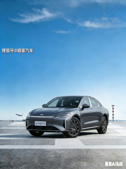 将图片中的车辆替换为图2的深灰色享界S9 sedan，保持图1原有的尺寸、蓝色天空机场跑道背景、文字"搜狐号@路客汽车"水印、整体构图和光影效果不变，精准匹配图1的拍摄角度，保留原车深灰色车漆光泽，保预览效果