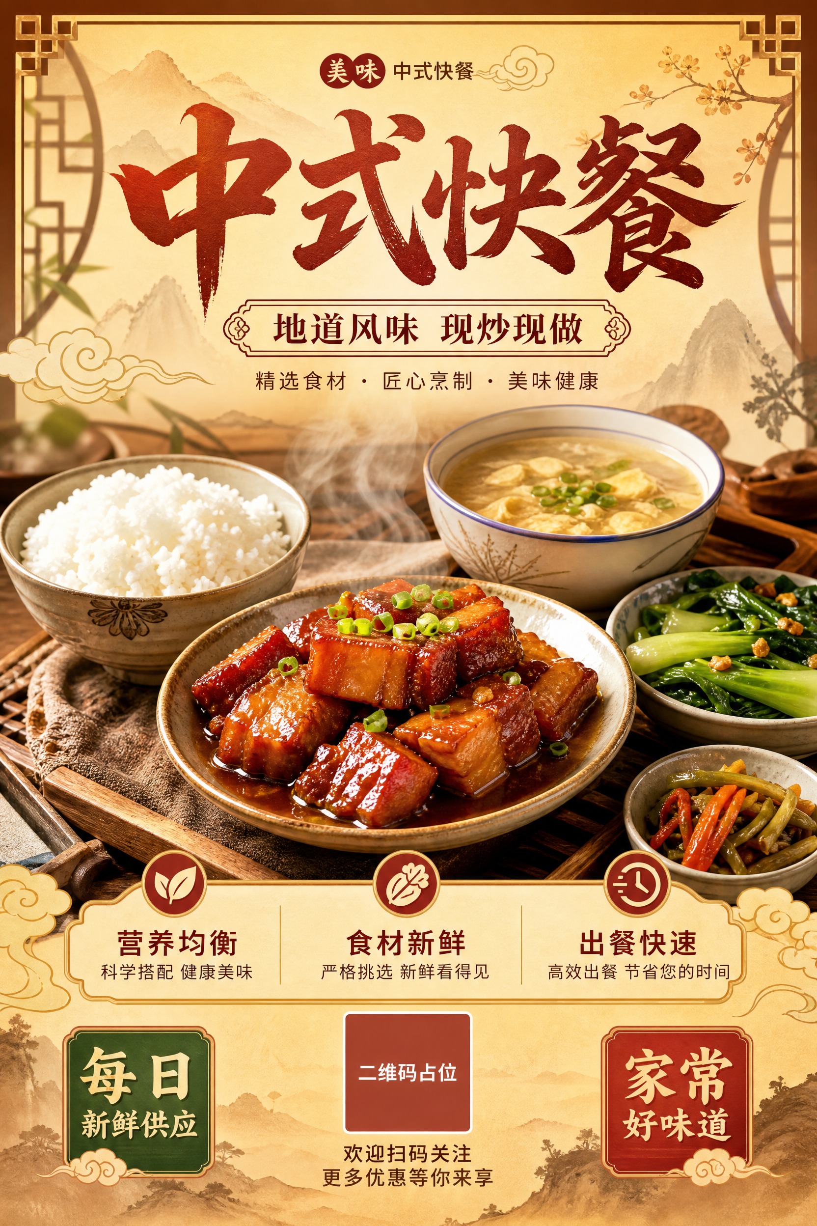 一张竖版中式快餐宣传海报，国风新中式风格，暖色调温馨有食欲。画… - 图片创意预览