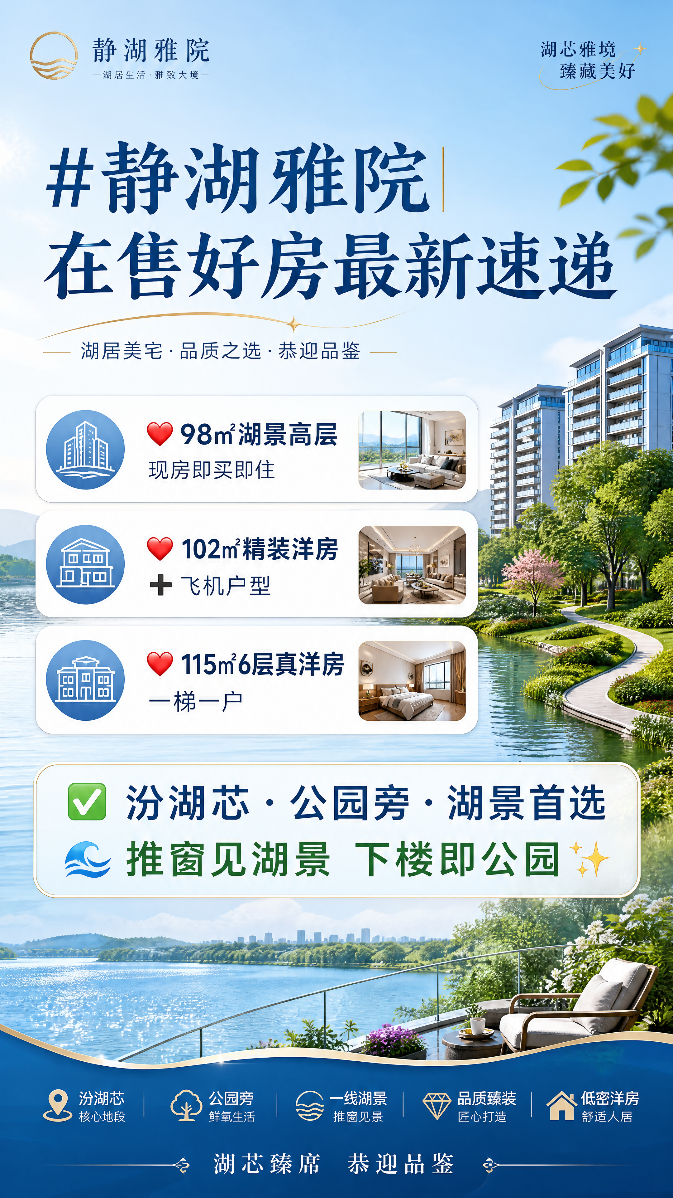 房地产售楼宣传海报，现代清新湖居风格，主标题“#静湖雅院|在售… - 图片创意预览