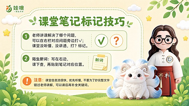 A4横版儿童教育PPT页面，清新杏色和绿色可爱风格，浅杏色背景，绿色叶子装饰，白色云朵，黄色星星点缀，圆角虚线边框。左上角有"娃噢 一用就开窍"品牌logo。页面大标题为"课堂笔记标记技巧"，绿色粗体大字。内容分为三个要点：1. 老师讲课解决了哪个问题，可以在右栏对应问题旁边打√；课堂没听懂、没讲透，打？标记。（配√和？图标）；2. 陌生新词：写在右边，课下查，再贴到笔记对应位置。（配新词/便签图标）。底部有醒目的注意提示框（黄色/橙色背景）：注意：课堂信息流很快，优先听懂，不要为了抄完整文字错过老师讲解，可以课后再补全关键词。页面右下角放置穿白色中式盘扣上衣红色裙子戴黑框眼镜棕色长卷发的3D卡通女老师（与参考图1完全一致）和白色九尾羊有螺旋羊角尾巴尖带淡蓝色的毛绒神兽形象（与参考图2完全一致），形象准确不变。底部有绿色草地和叶子装饰。整体风格清新可爱，要点清晰，A4横向比例