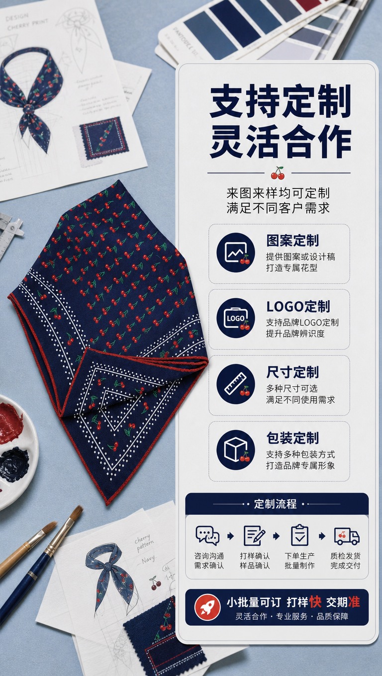 [商品] 使用【图5】藏青底红樱桃印花丝毛方巾（折叠展示）；商… - 图片创意预览