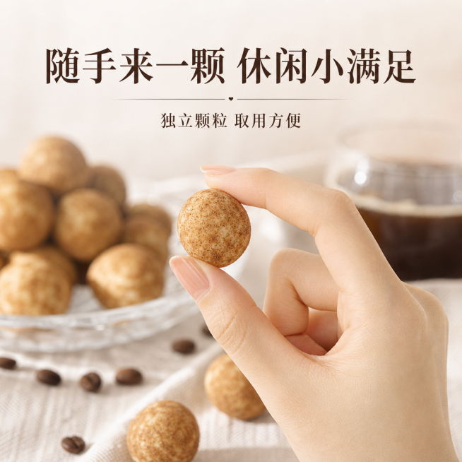 [第5屏] 手部展示屏-便捷取食场景。本屏使用【图1】作为产品主体。
[氛围/风格] 日常休闲真实场景，自然生活化，真实食品摄影质感。
[元素布局] 画面中心展示女生单手取一颗临沧坚果咖啡裹衣，产品颗预览效果