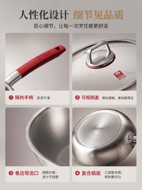 [第5屏] 细节设计屏，拆解炒锅人性化细节设计。本屏使用【图1】提取细节生成。
[氛围/风格] 四宫格细节展示，清晰直观，保持整体色调统一高级。
[元素布局] 2×2四宫格布局，四个格子分别展示：1红预览效果