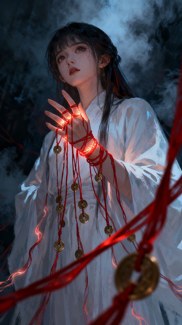 中式古典意境，红绳缠绕铜钱，光影朦胧中透出神秘梦幻。插画风厚涂技法，融合水墨与超现实元素，营造唯美的文艺氛围。
