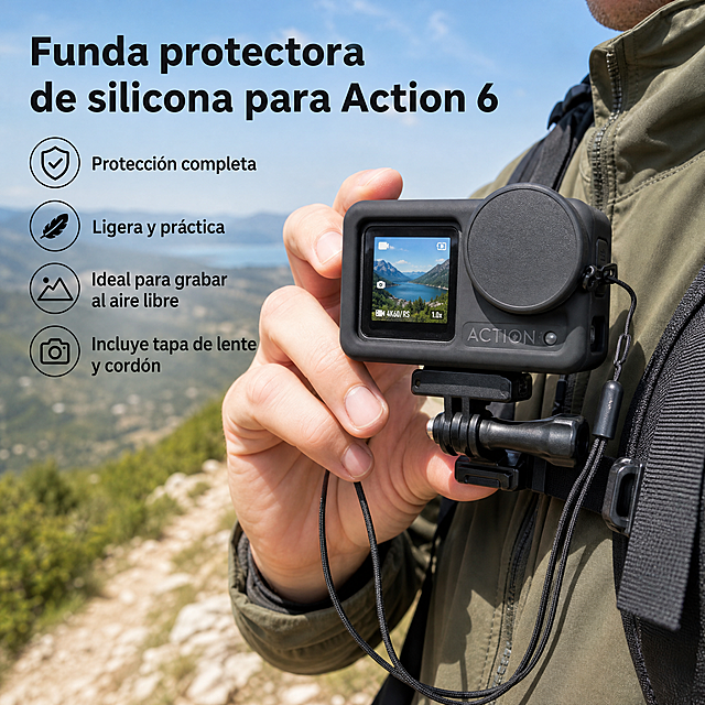 生成Action 6运动相机硅胶保护套的产品使用场景图，展示安装保护套后的运动相机外出拍摄的使用场景，添加西班牙语说明，不改变产品本身，风格自然实用